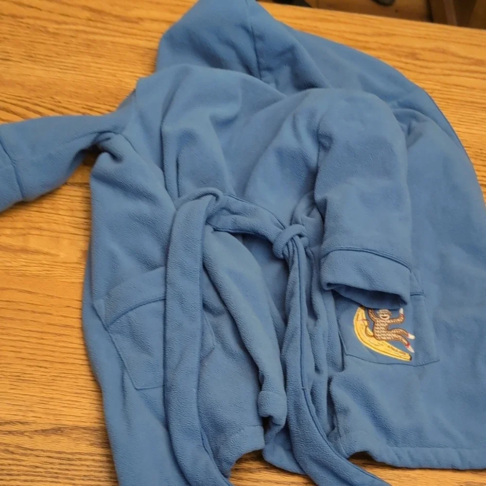 Nick & Nora Sock Monkey Banana Fleece Robe Hooded Blue 12M Baby Toddler